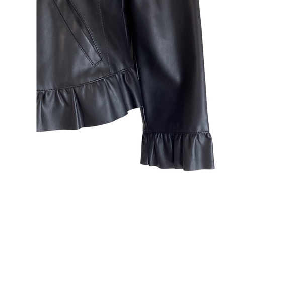 Ann Taylor Womens Faux Leather Jacket Solid Black Full Zip Mock Neck Ruffled 4 - Picture 7 of 12